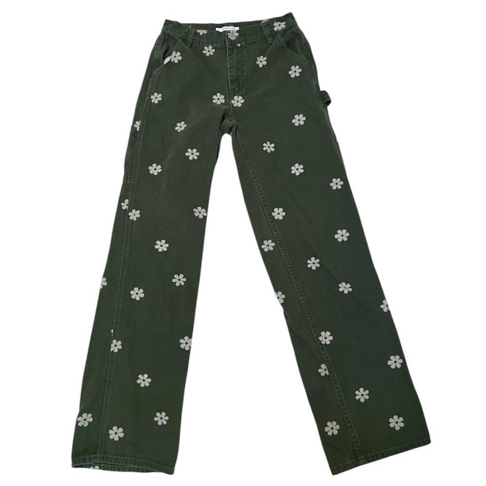 Pacsun Olive Green Flower Baggy Carpenter Denim Jeans